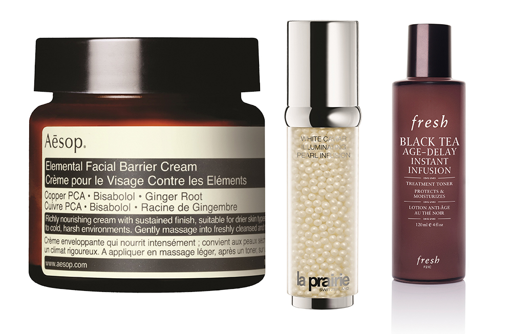 Facial Barrier Cream from Aesop, White Caviar Illuminating Pearl Infusion from La Prairie and Fresh Black Tea Age-Delay Cream
